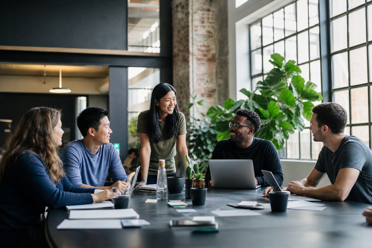 Growing company product team collaborating in a loft office