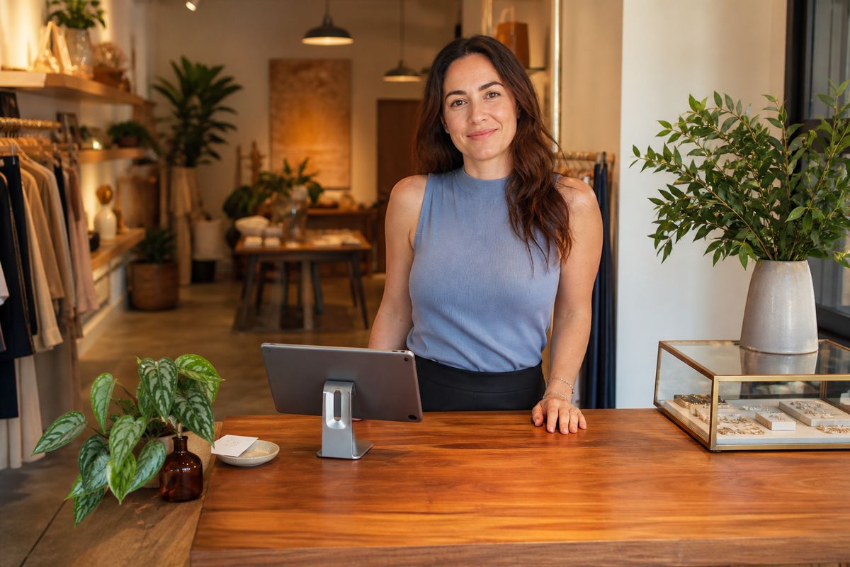 Small business storefront with a tablet at the counter