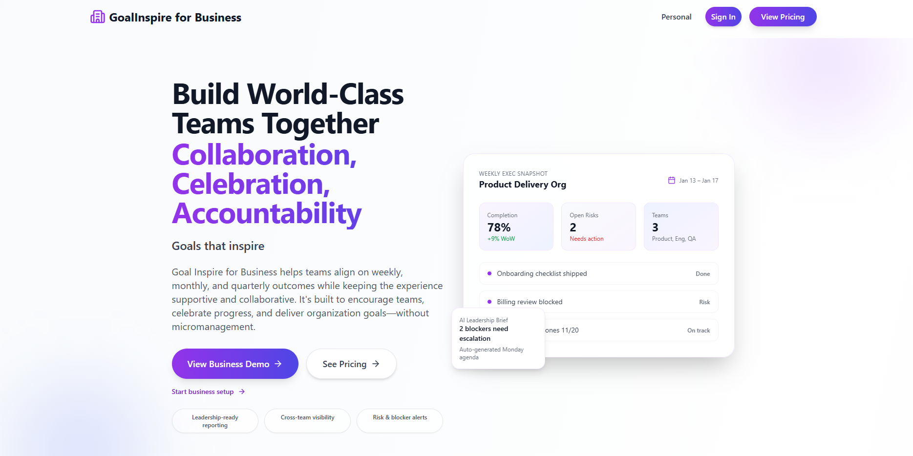 GoalInspire for Business homepage