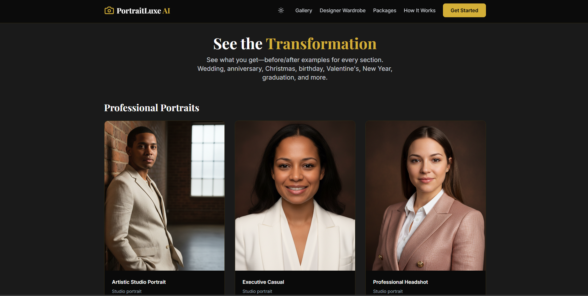 PortraitLuxe AI homepage